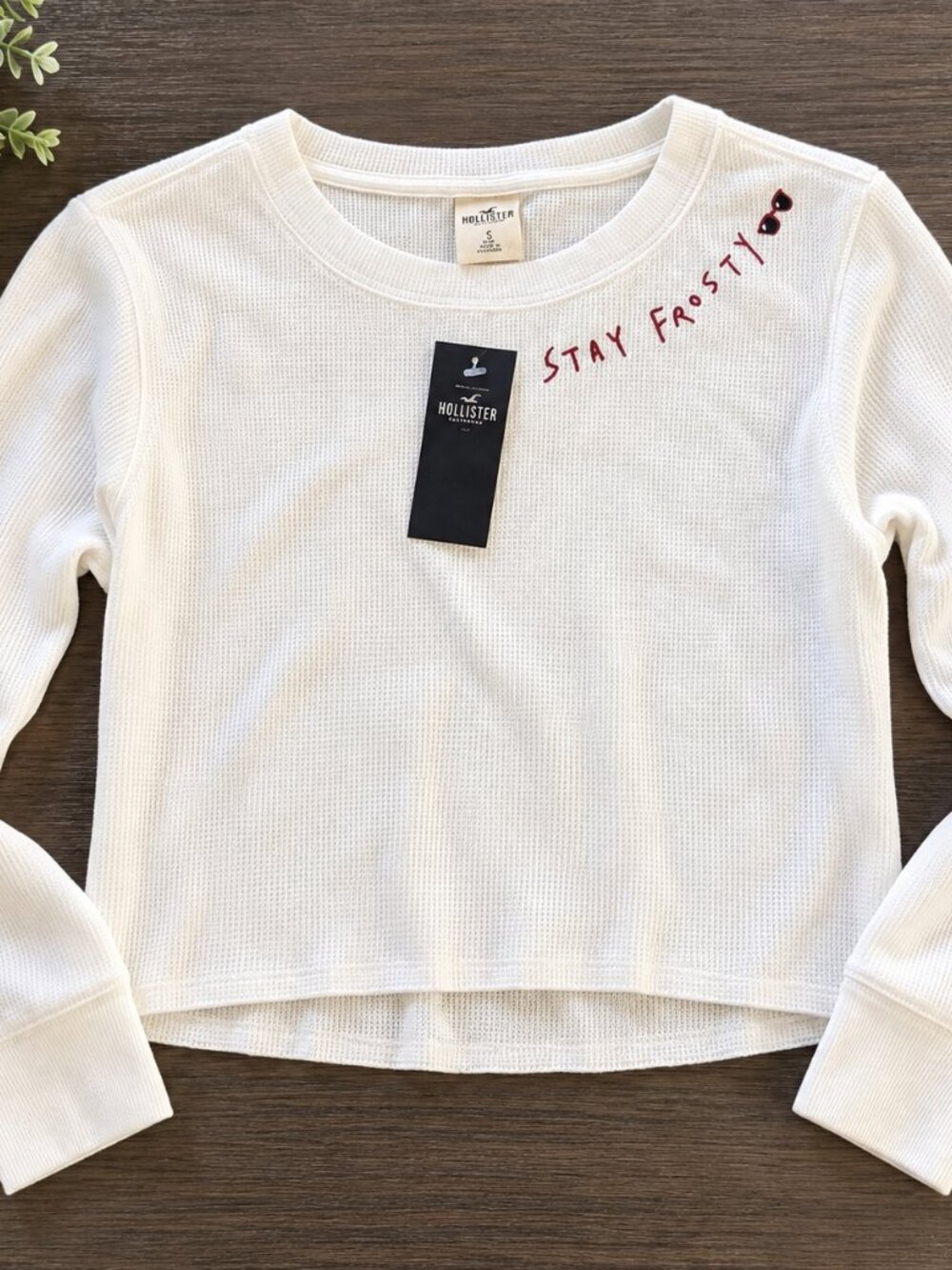 Hollister Stay Frosty Waffle Knit Cropped Thermal Top White NWT S